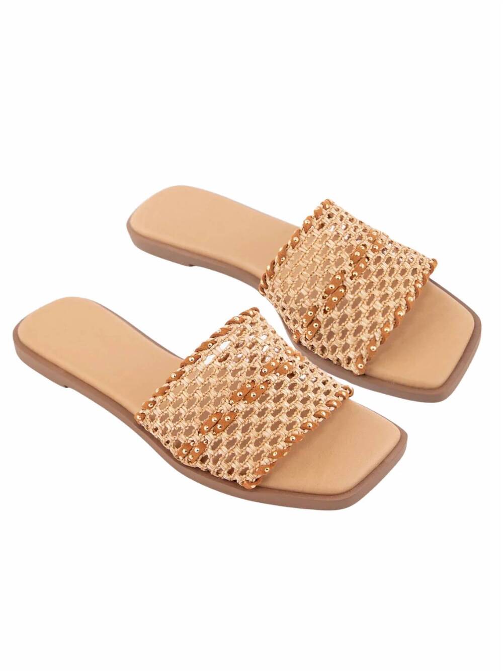 NEW FORTUNE DYNAMIC women's rawnie woven raffia stud slide sandals in tan